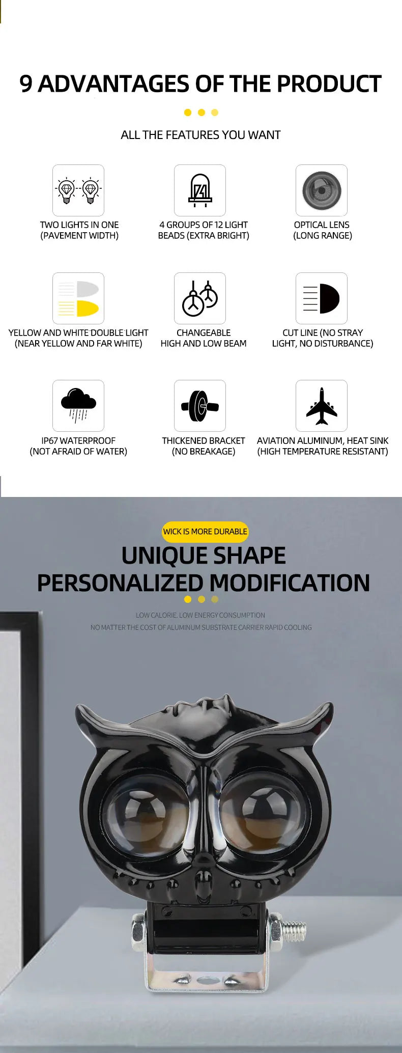 Phares LED de hibou  Puissants antibrouillard pour la moto 1Pcs image 2