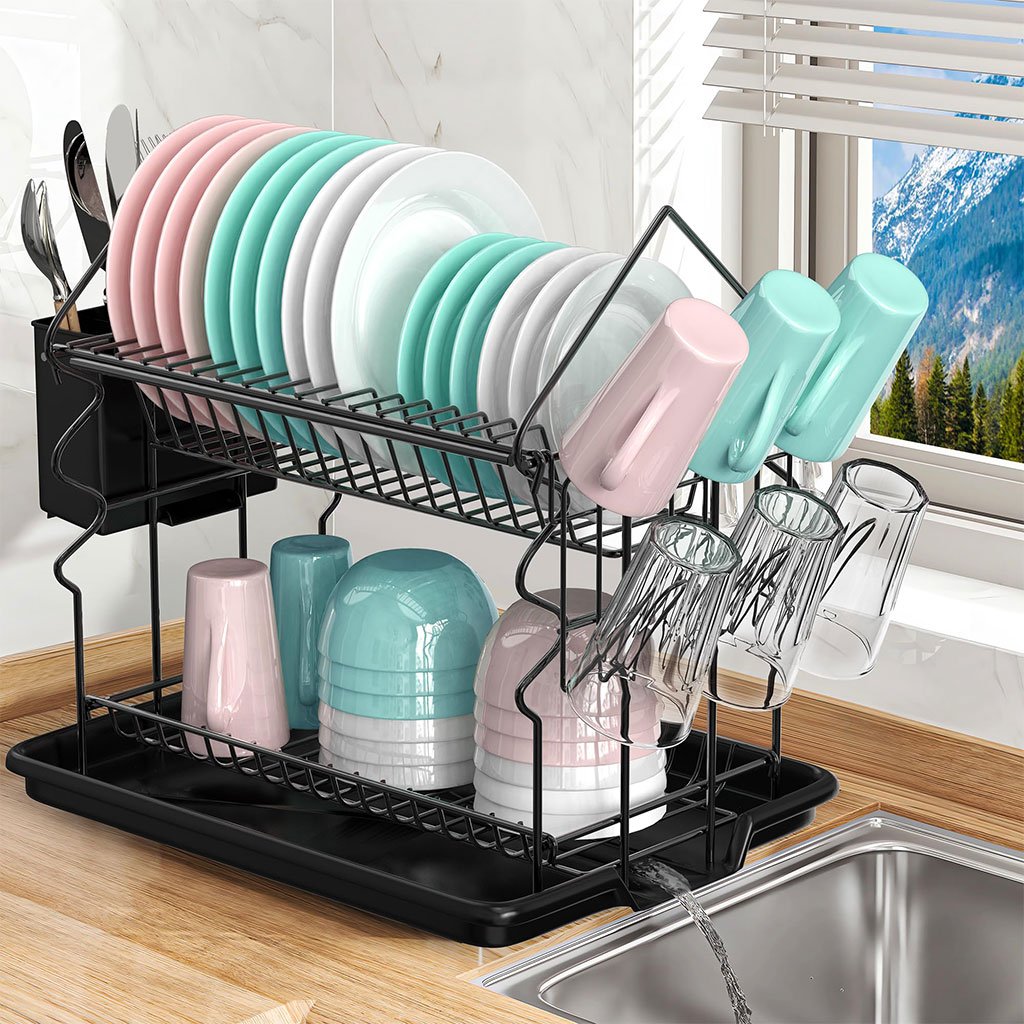 Égouttoir vaisselle compact anti-rouille avec porte-assiettes, porte-tasses et système de drainage image 4