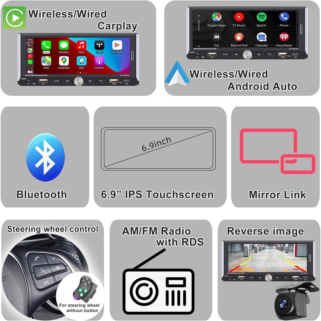 Autoradio Tactile 1DIN CAMECHO  Carplay Wireless Écran 6.9 image 2